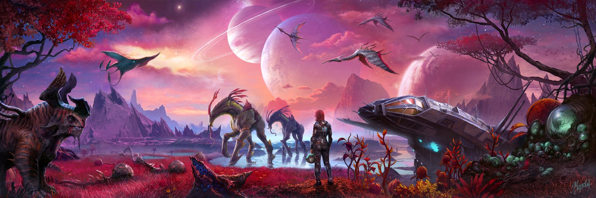 A red-haired astronaut stands with alien creatures near a wreck on a colorful extraterrestrial landscape under two large planets and flying creatures in this sci-fi HD desktop wallpaper.