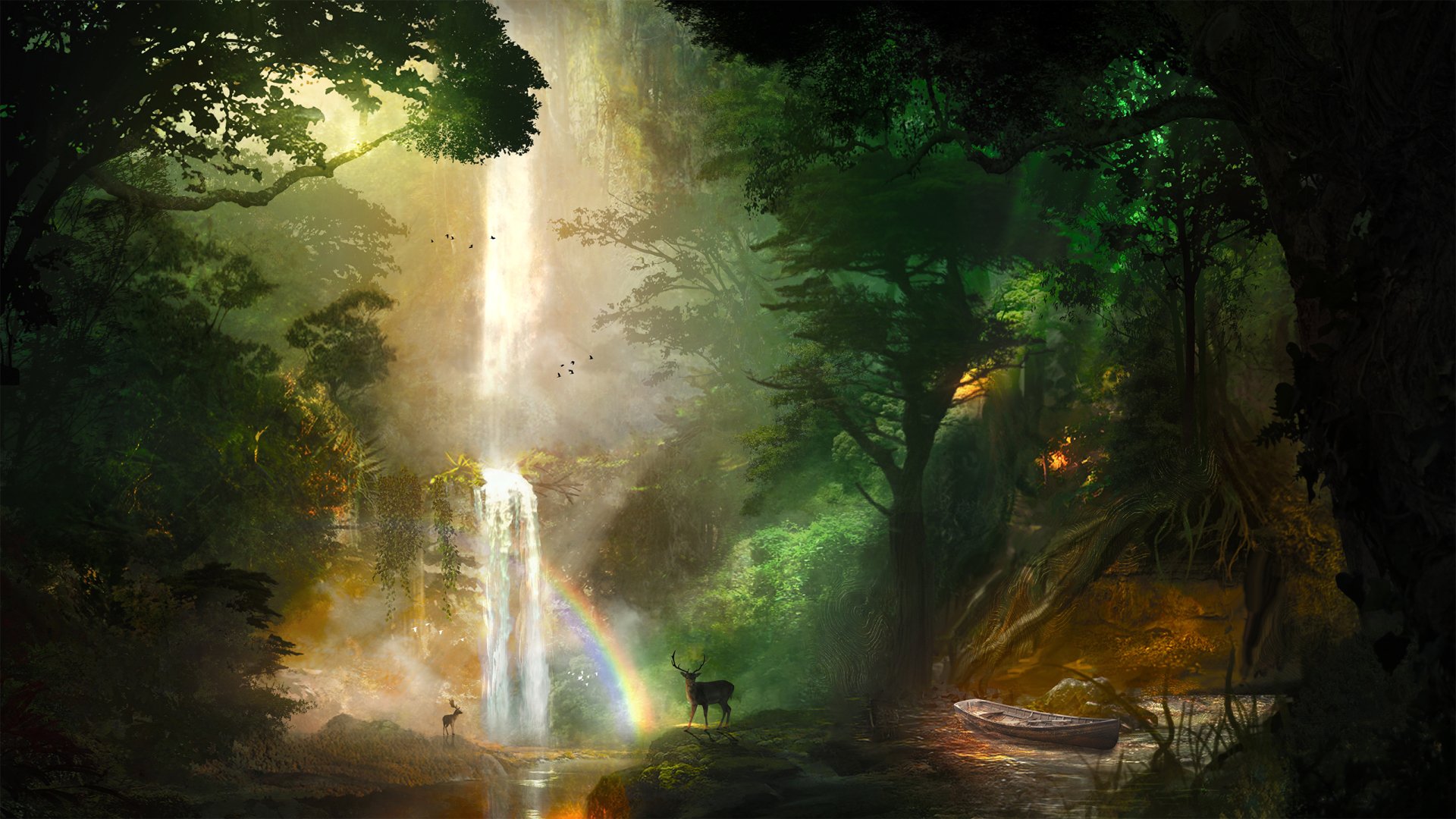 A fantasy forest scene with a vibrant rainbow arching over a waterfall, surrounded by lush nature and a lone deer, captured in HD for a PC desktop wallpaper.