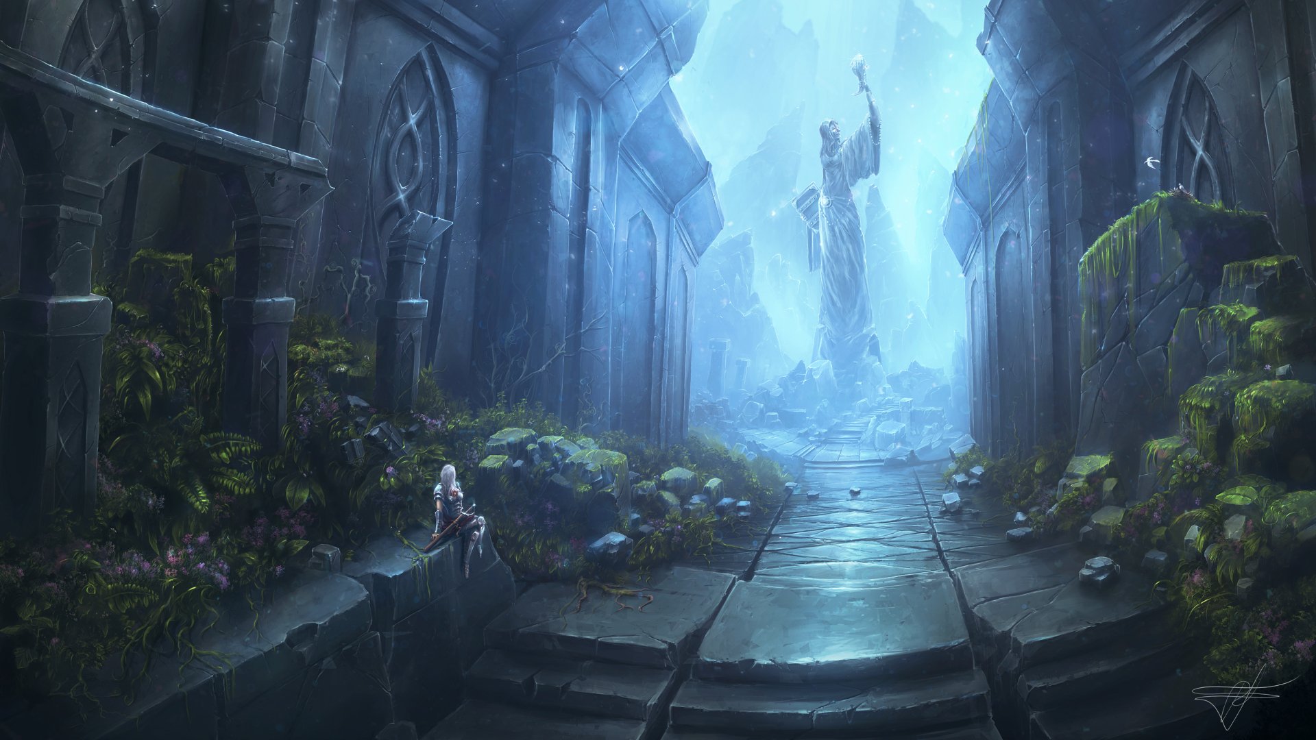 HD desktop wallpaper depicting a woman warrior with white hair sitting in ancient ruins, with a majestic statue illuminated in the background, creating a mystical fantasy ambiance.