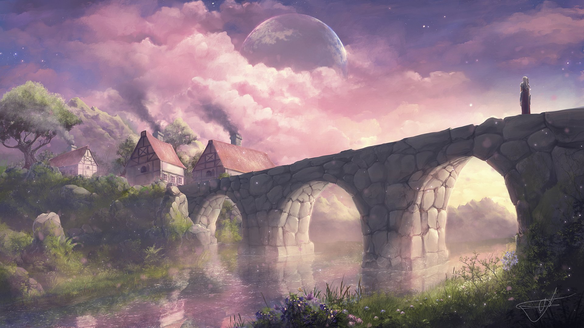 Fantasy HD wallpaper depicting a serene village with houses, a stone bridge over a river, and a woman warrior standing on the bridge under a cloudy, moonlit sky.