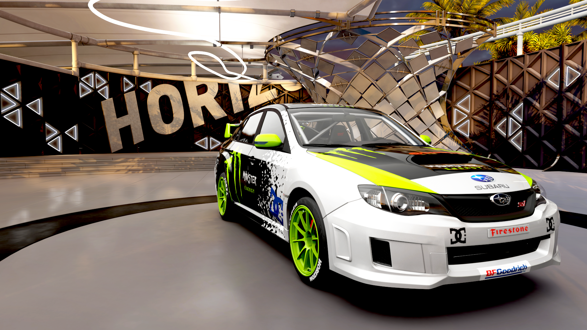 HD PC desktop wallpaper featuring a Subaru Impreza WRX STI from the video game Forza Horizon 3, showcased in a vibrant, modern garage setting.