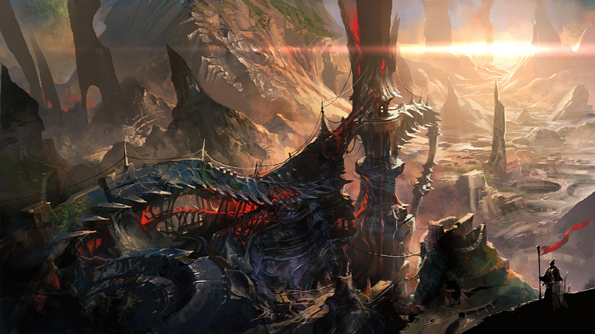 HD PC desktop wallpaper and background: fantasy landscape of jagged spires and a ruined dragonlike citadel beneath a fiery sunset, a lone traveler silhouetted on a cliff.