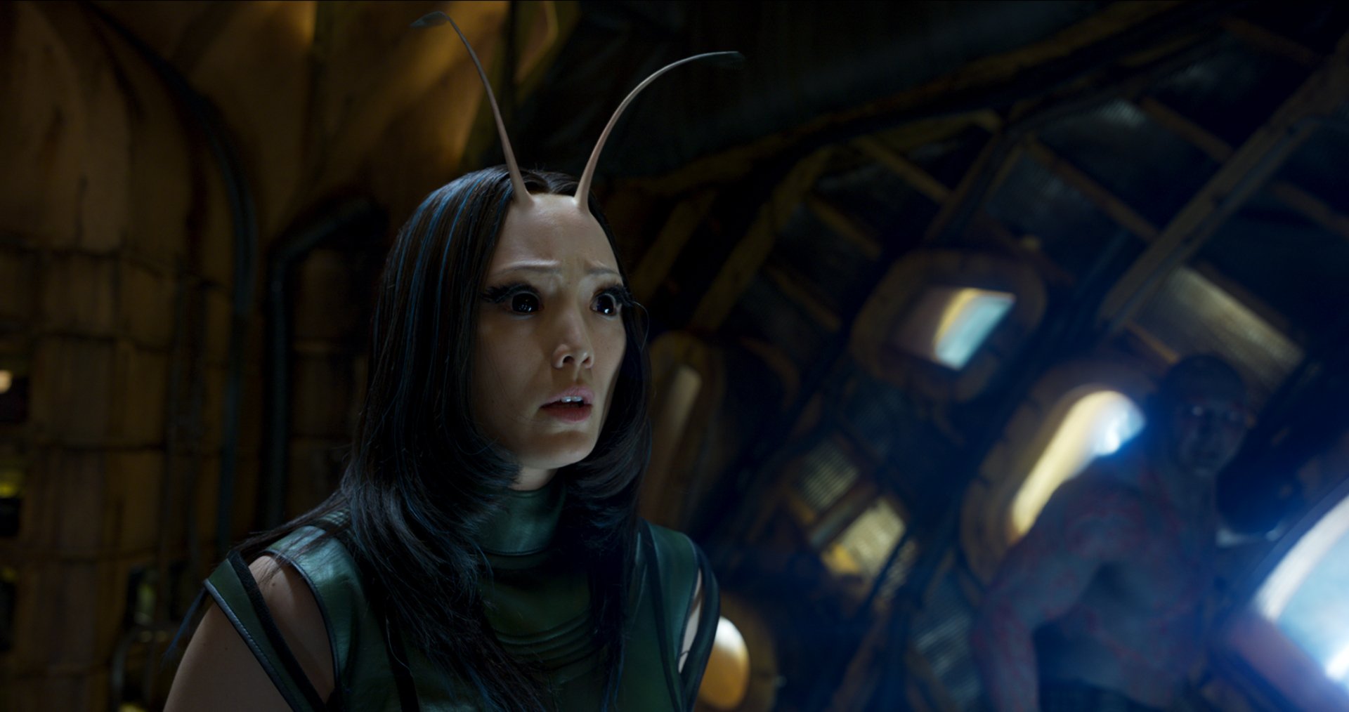 HD PC wallpaper featuring Pom Klementieff as Mantis from Marvel's Guardians of the Galaxy Vol. 2, showcasing her distinctive antennae and intense expression.
