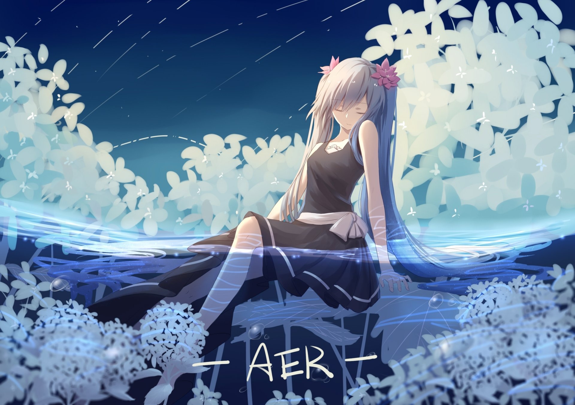 HD wallpaper featuring Hatsune Miku with twintails, adorned with flowers, sitting by water with a serene backdrop. The image captures an anime aesthetic and is tagged with Vocaloid.