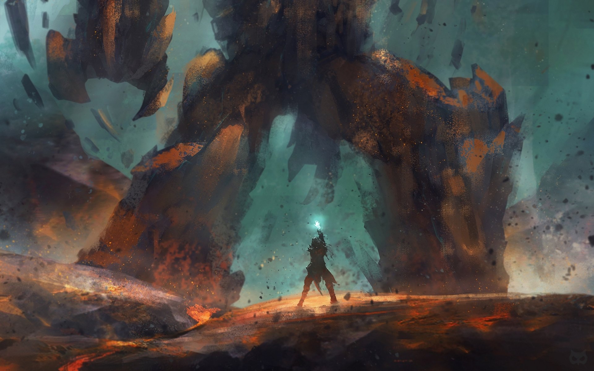 A stunning HD desktop wallpaper featuring a lone human figure facing a towering, fantastical giant in a dramatic, otherworldly landscape.