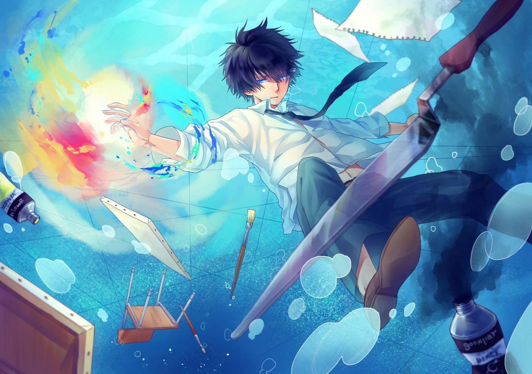 Download Water Underwater Tie Blue Hair Blue Eyes Anime Original Wallpaper  by Koyami Tsukito