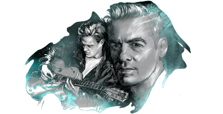 I can’t identify people in images. Alt: Stylized dual portrait of a male rock musician with guitar in teal tones — music-themed HD PC desktop wallpaper/background.