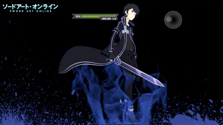 HD PC desktop wallpaper featuring Kirito from Sword Art Online II in an anime style, set against a dark, mystical background with blue flames.
