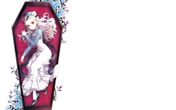 Anime-style character with long white hair, red eyes, and a blush, dressed in white with a bow and hat, lying in a rose-adorned coffin; 4K Ultra HD desktop wallpaper.