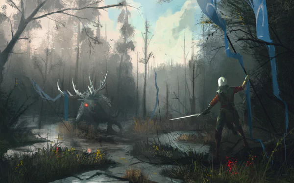 A white-haired woman warrior, Ciri from The Witcher 3: Wild Hunt, stands in a foggy swamp, sword drawn, ready to face a menacing creature. The scene captures the intense atmosphere of the video game.
