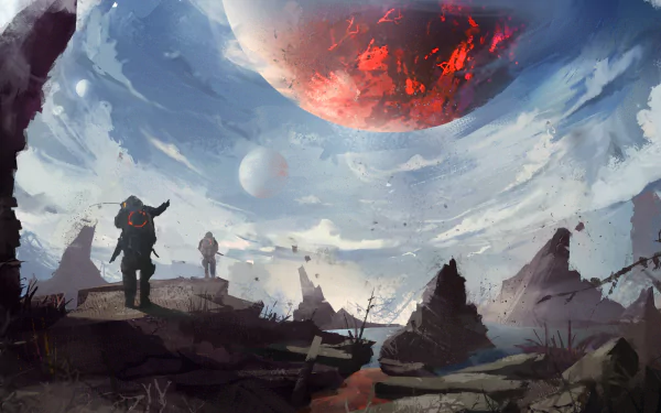 A sci-fi HD PC desktop wallpaper featuring soldiers exploring a rugged alien landscape beneath a fiery, glowing planet in the sky.