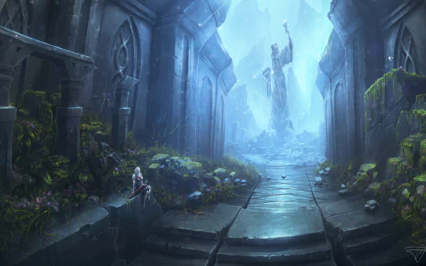 HD desktop wallpaper depicting a woman warrior with white hair sitting in ancient ruins, with a majestic statue illuminated in the background, creating a mystical fantasy ambiance.