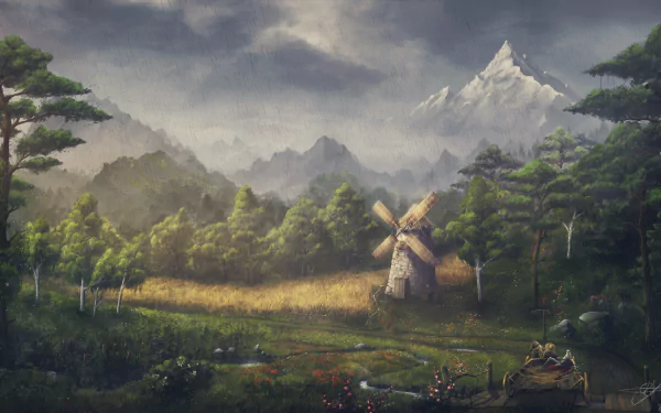 A HD desktop wallpaper depicting a fantasy landscape with a path leading to a windmill set amidst a forest, with mountains in the background. Rain clouds hover above, creating a mystical atmosphere.