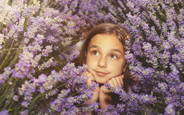 Photography Child Flower Purple Flower Brunette Brown Eyes HD Wallpaper | Background Image