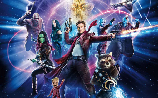 HD desktop wallpaper featuring the characters of Guardians of the Galaxy Vol. 2 in dynamic action poses set against a cosmic backdrop.