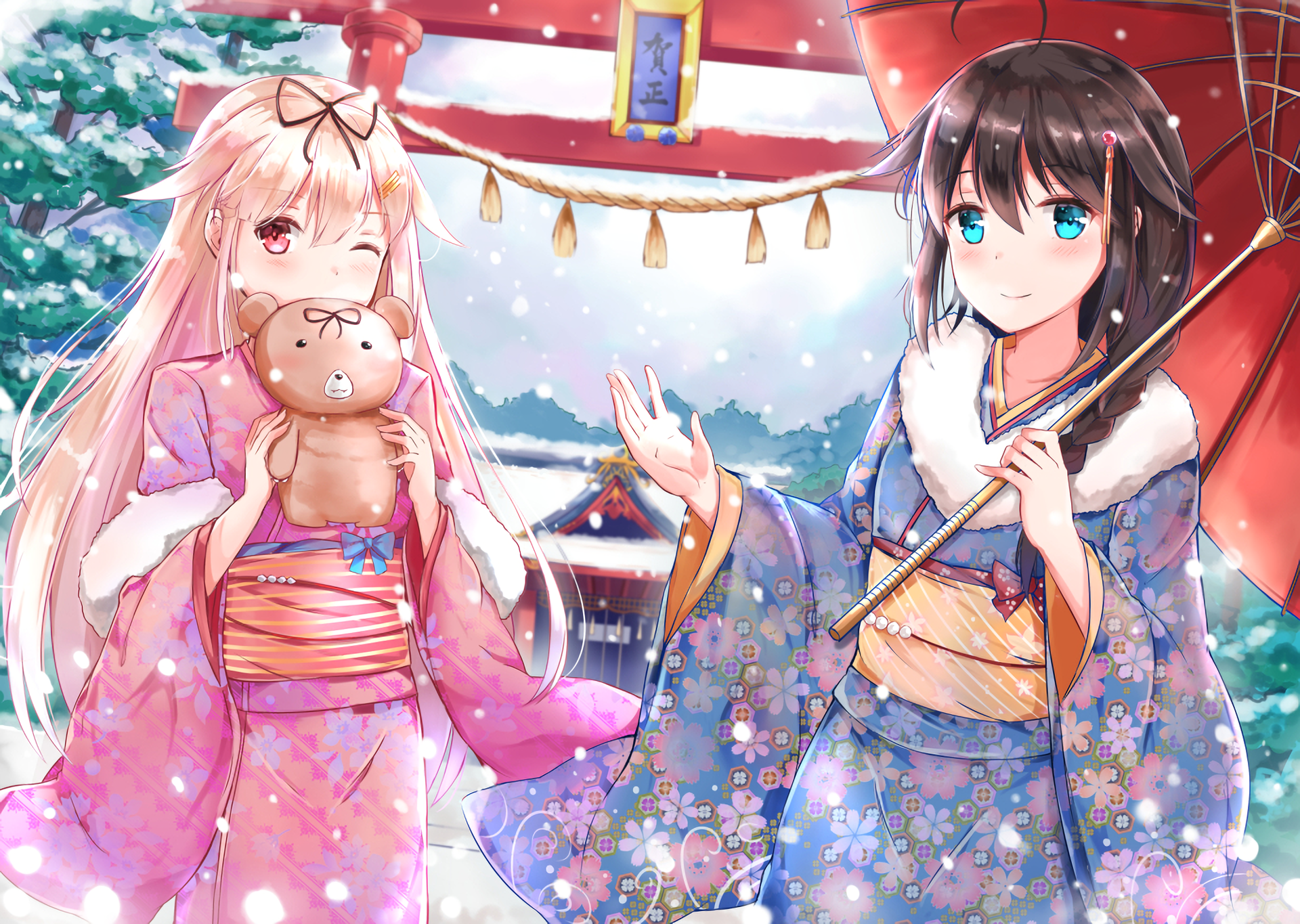 HD PC wallpaper featuring anime characters Yuudachi and Shigure from Kantai Collection in traditional kimonos with a snowy shrine background.