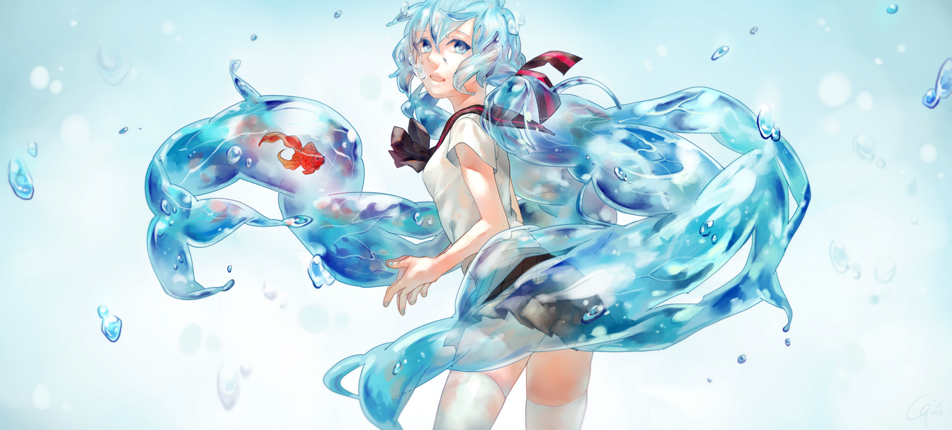Anime-style Hatsune Miku with long blue hair and blue eyes, surrounded by water and bubbles, interacts with a small fish in this vibrant HD Vocaloid desktop wallpaper.