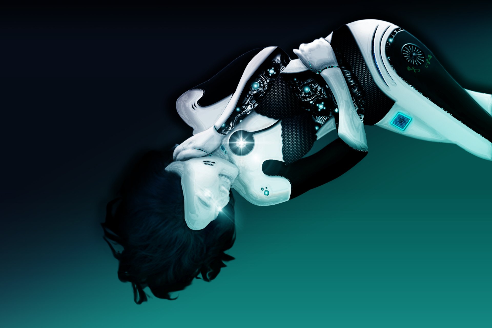 HD sci-fi desktop wallpaper featuring a futuristic robot woman floating gracefully against a dark gradient background.