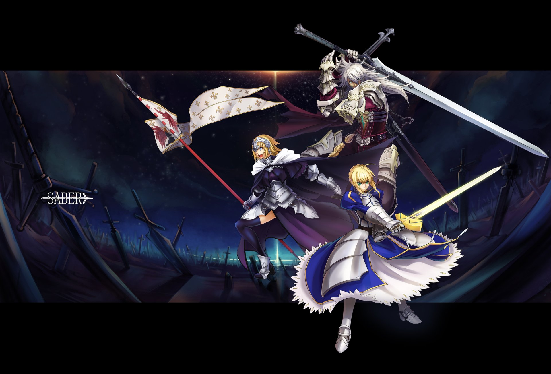HD PC desktop wallpaper featuring three dynamic characters from the anime Fate/Apocrypha, each wielding distinctive weapons against a dark, atmospheric backdrop.