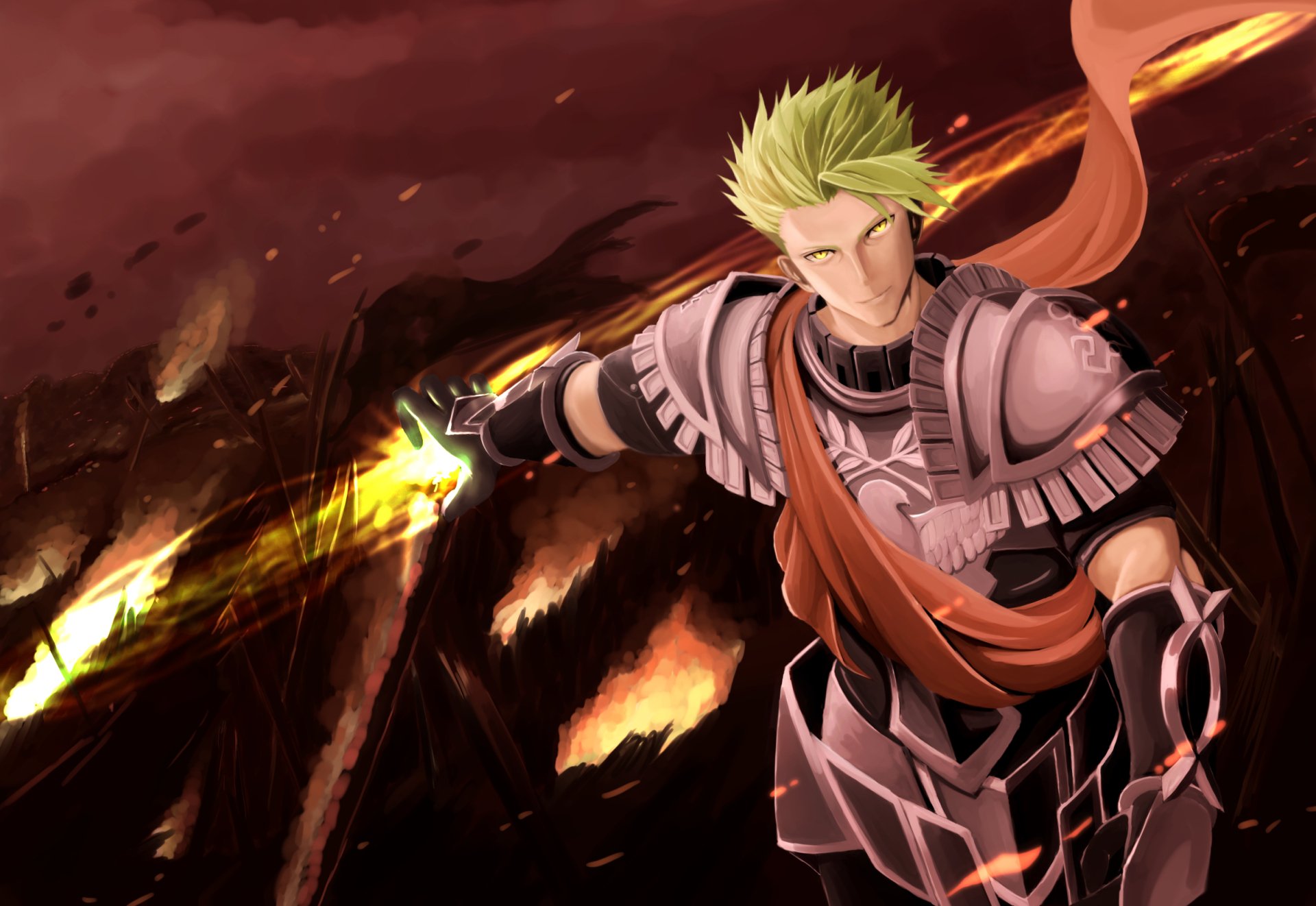 Rider of Red from Fate/Apocrypha in dynamic anime style, depicted in armor with glowing sword and orange scarf, set against a fiery background in this HD PC desktop wallpaper.