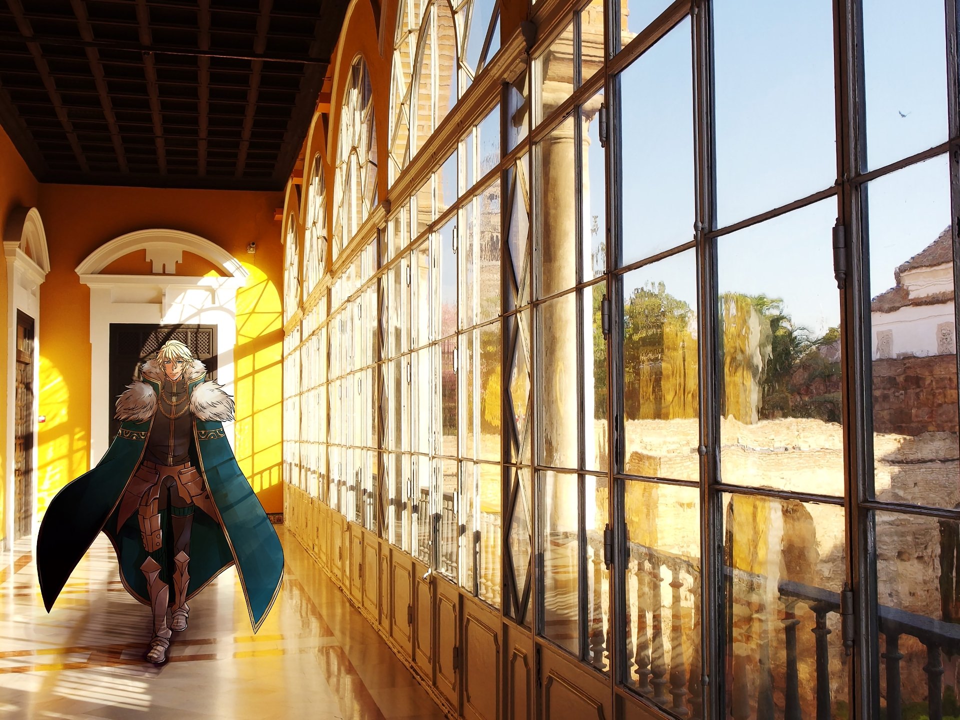Fate/Apocrypha anime HD PC desktop wallpaper: armored Servant in a green cloak stands in a sunlit glass-walled corridor, long reflections stretching along the floor.