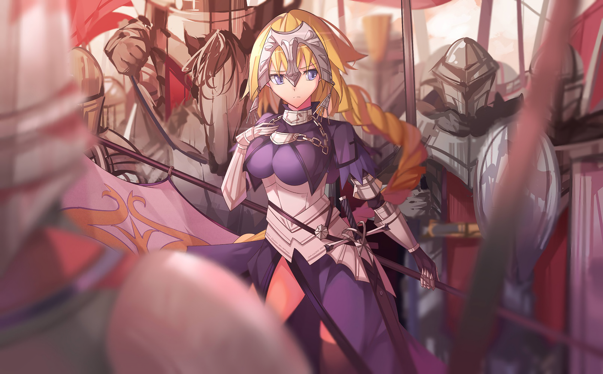 HD PC desktop wallpaper featuring Ruler from Fate/Apocrypha in detailed armor, framed by knights and banners in a vivid anime style.