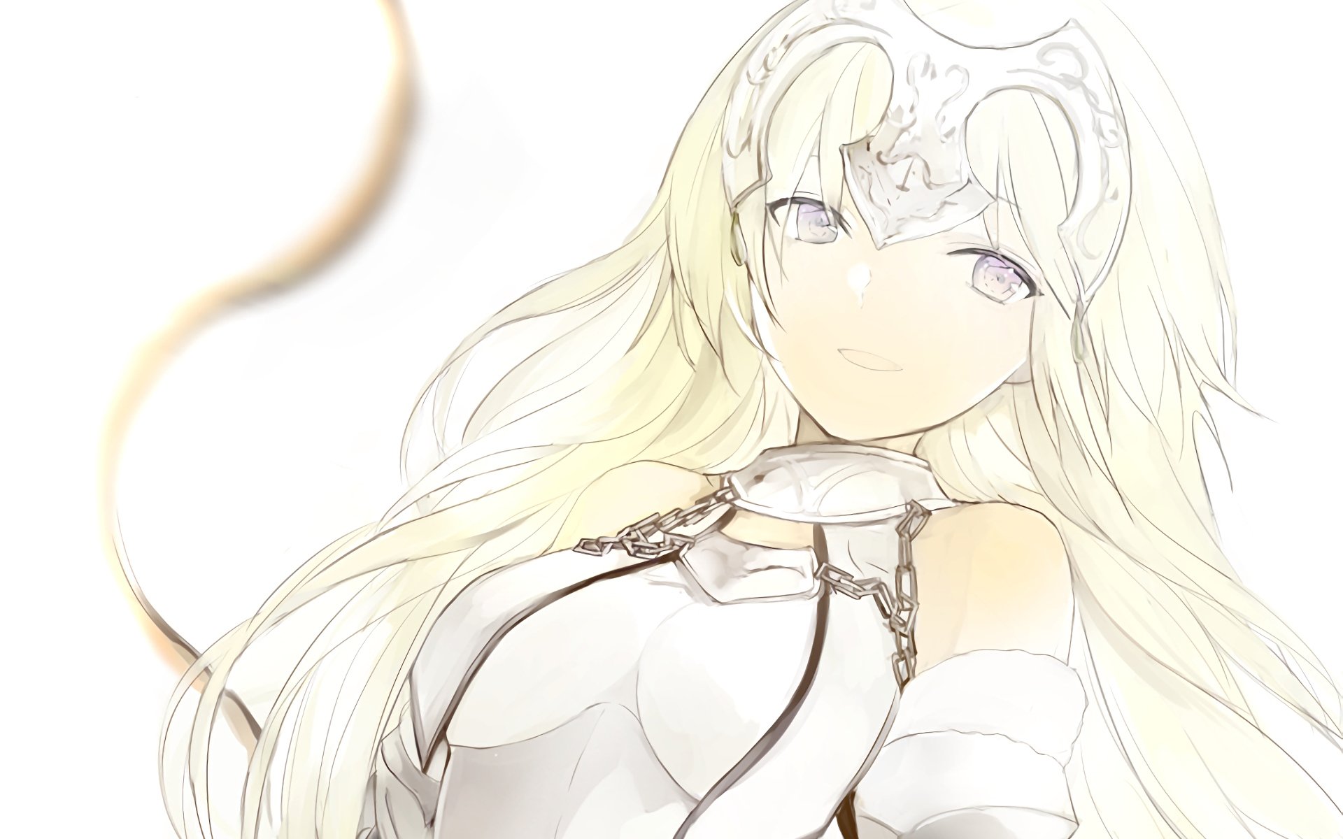 HD anime desktop wallpaper featuring Ruler from Fate/Apocrypha, showcasing her with long white hair and a serene expression in soft, light tones.