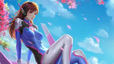 HD PC desktop wallpaper featuring D.Va from Overwatch, depicted in her iconic blue suit against a bright sky with cherry blossoms and petals.