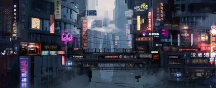 HD desktop wallpaper showcasing a cyberpunk cityscape with neon signs in Chinese, featuring a futuristic, sci-fi urban environment.