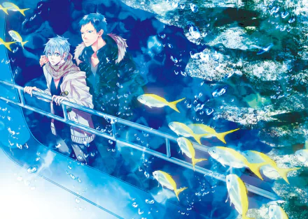 Anime characters Tetsuya Kuroko and Daiki Aomine from Kuroko's Basketball are seen in an underwater scene with fish and bubbles. Tetsuya has blue hair and eyes, while Daiki has black hair.