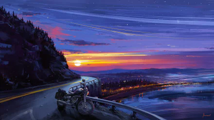 An anime-style HD wallpaper featuring a motorcyclist overlooking a city at sunset, with vivid evening colors and stars visible in the sky, set against a serene backdrop of water and mountains.
