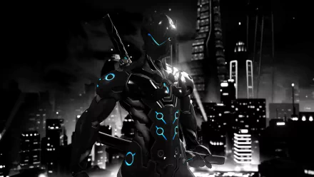 HD desktop wallpaper featuring Genji from the video game Overwatch. The image showcases Genji in a sleek, futuristic cityscape with glowing blue accents on his black armor.