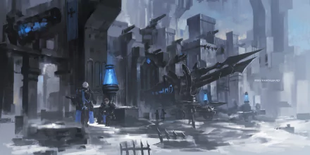 HD PC desktop wallpaper from Pixiv Fantasia RD featuring an anime-style futuristic cityscape with towering structures and blue glowing elements.