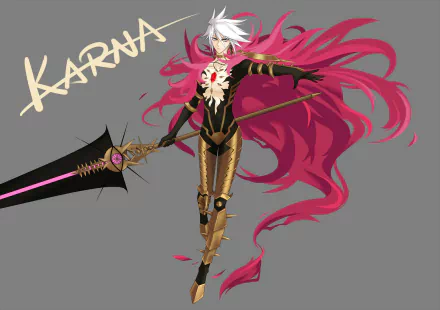 HD PC desktop wallpaper of Lancer of Red (Fate/Apocrypha) — anime Karna with flowing crimson cloak and massive spear on gray background, signature Karna.