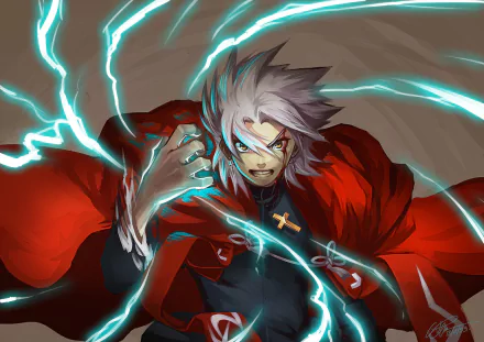 HD PC desktop wallpaper featuring Shirou Kotomine from the anime Fate/Apocrypha, depicted with intense expression and electric energy surrounding him.