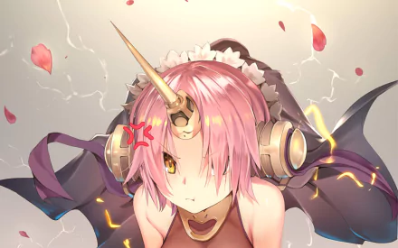 HD desktop wallpaper featuring Berserker of Black from the anime Fate/Apocrypha. The character has pink hair, a single horn, and an intense expression, surrounded by falling petals and a mystical aura.