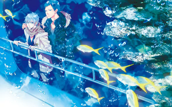 Anime characters Tetsuya Kuroko and Daiki Aomine from Kuroko's Basketball are seen in an underwater scene with fish and bubbles. Tetsuya has blue hair and eyes, while Daiki has black hair.