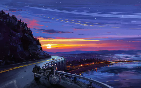 An anime-style HD wallpaper featuring a motorcyclist overlooking a city at sunset, with vivid evening colors and stars visible in the sky, set against a serene backdrop of water and mountains.