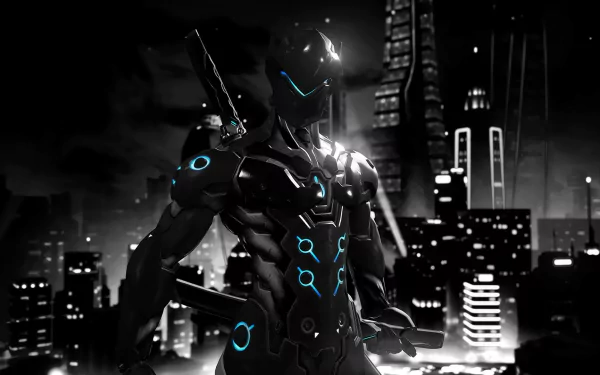 HD desktop wallpaper featuring Genji from the video game Overwatch. The image showcases Genji in a sleek, futuristic cityscape with glowing blue accents on his black armor.