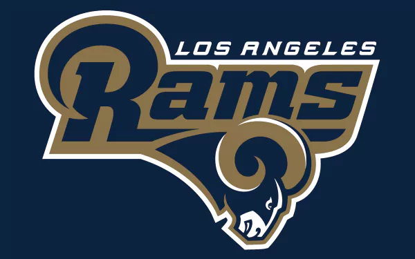 Los Angeles Rams gold-and-navy team logo with ram head on dark blue HD PC desktop wallpaper background, sports emblem centered.