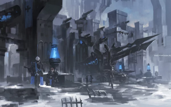 HD PC desktop wallpaper from Pixiv Fantasia RD featuring an anime-style futuristic cityscape with towering structures and blue glowing elements.