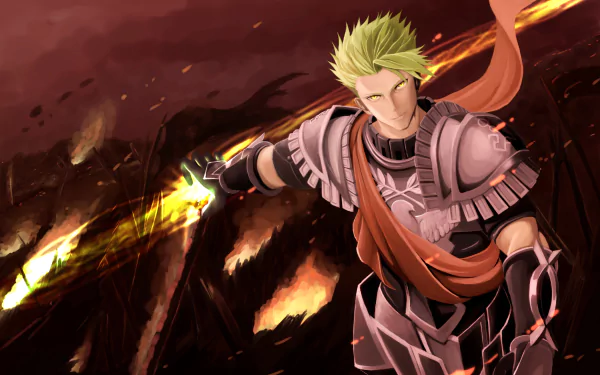 Rider of Red from Fate/Apocrypha in dynamic anime style, depicted in armor with glowing sword and orange scarf, set against a fiery background in this HD PC desktop wallpaper.