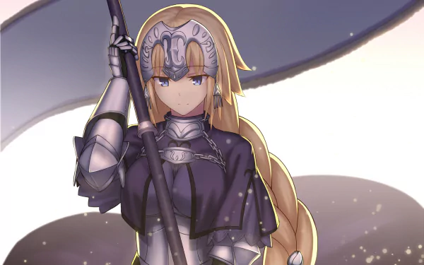 HD PC desktop wallpaper featuring Ruler from the anime Fate/Apocrypha, depicted in detailed armor holding a flag with a calm, determined expression.