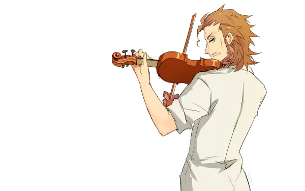 Caster of Red (Fate/Apocrypha) anime HD PC desktop wallpaper: Caster of Red in a white shirt, seen from behind while playing a violin against a clean white background.