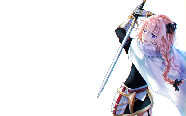 HD desktop wallpaper featuring Astolfo, also known as Rider of Black from Fate/Apocrypha, holding a sword. The character has pink hair, wearing a white cape and armor, set against a plain white background.