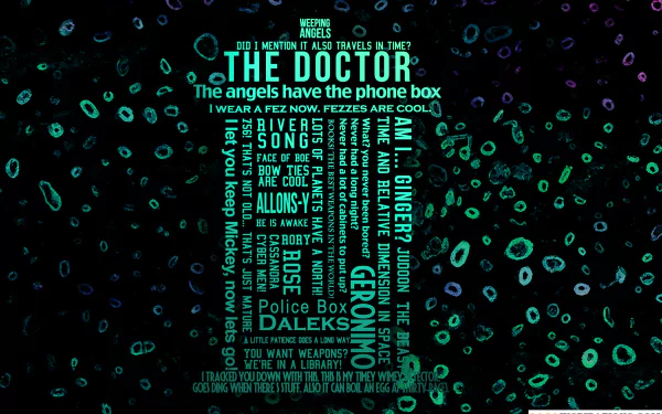 4K Ultra HD Doctor Who (2005) PC desktop wallpaper featuring a word art design shaped like the iconic TARDIS with phrases and elements from the series.