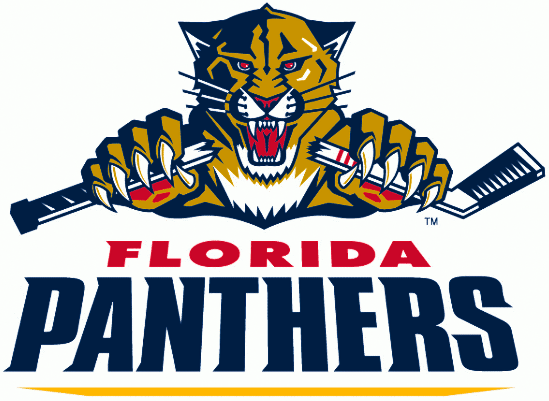 Florida Panthers snarling panther logo clutching hockey sticks above bold FLORIDA PANTHERS wordmark — 2K Quad HD PC desktop wallpaper background
