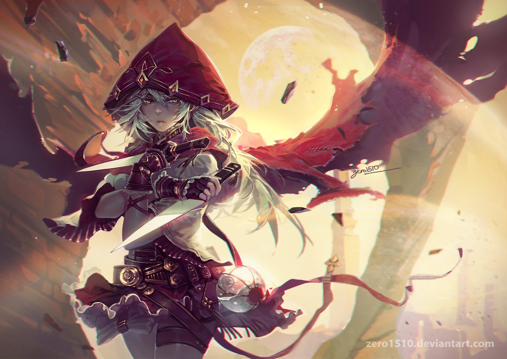 HD anime original desktop wallpaper featuring a mysterious girl in a red hooded cloak with a bow, set against a glowing full moon and dynamic background.