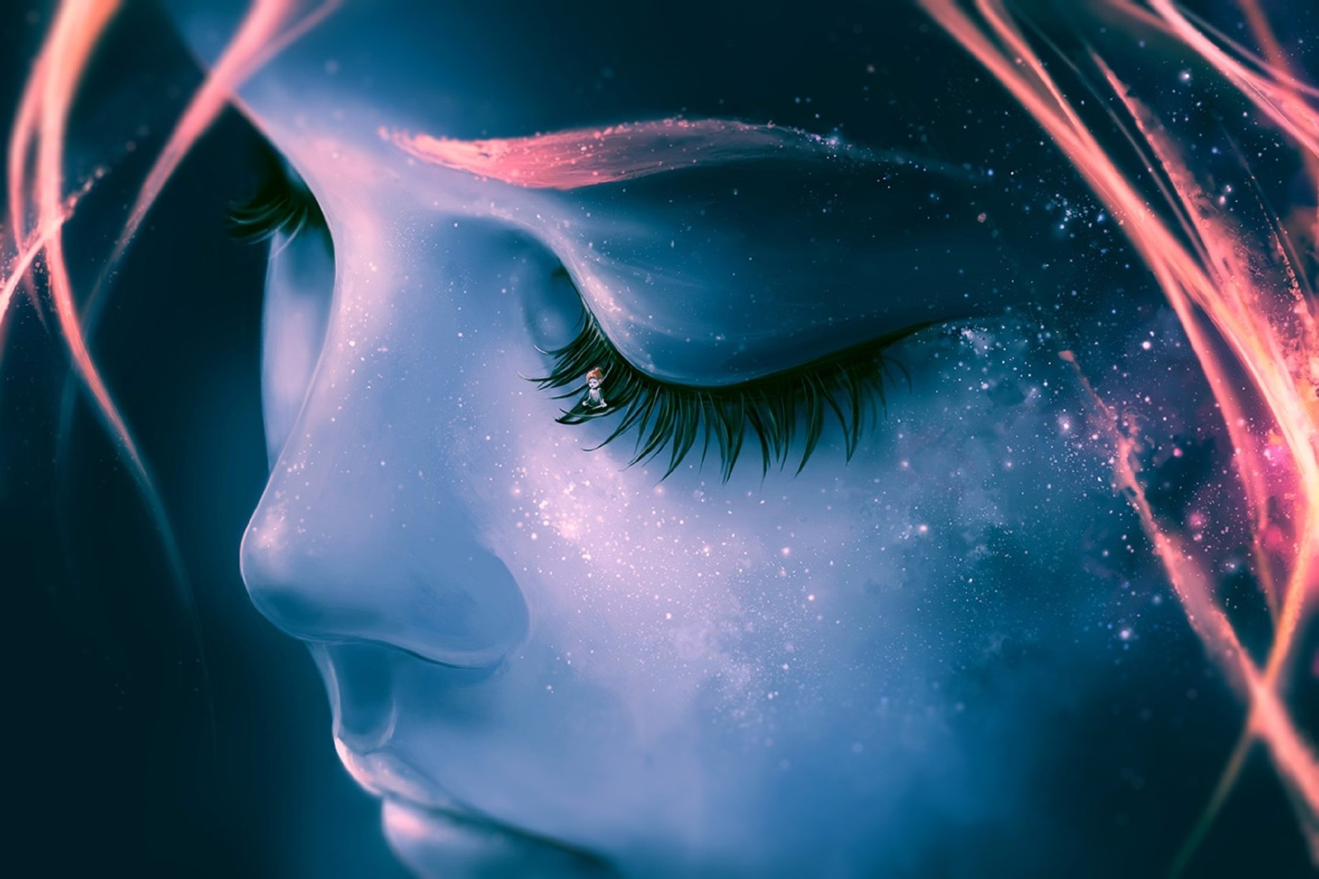 Artistic HD desktop wallpaper of a sad child's face glowing blue with star-like sparkles, blending fantasy elements and soft light effects around the woman’s profile.