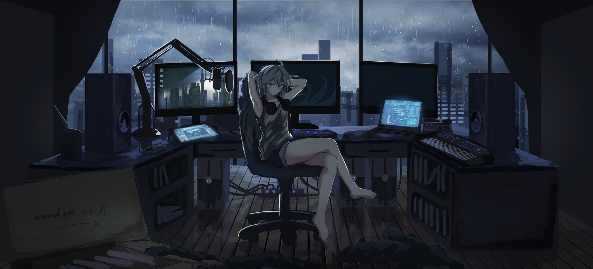 Anime-style HD desktop wallpaper depicting a character wearing headphones, sitting in front of a computer with multiple screens, in a cozy room during a rainy evening.